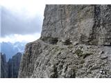 Cima Toro (2.355 m), Furlanski Dolomiti Kmalu sem na dolgi polici, ki obkroža vrhnjo zgradbo gore.