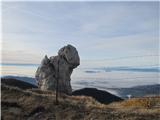 pogled v zamegljeno dolino ob zanimivi naravni skolpturi 